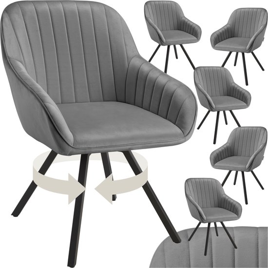 tectake - Set de 6 chaises de salle à manger | Fauteuil pivotant Look velours | Chaise de salon, chaise rembourrée - gris