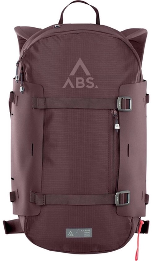 Wijnrode ABS A.CROSS+ rugzak met ABS logo op de voorkant, draagbanden en gespen.