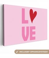 Canvas schilderij 30x20 cm - Wanddecoratie Love - Roze - Hart - Valentijn - Muurdecoratie woonkamer - Slaapkamer decoratie - Kamer accessoires - Schilderijen op canvas - Valentijn versiering - Cadeautje voor hem en haar - Valentijnsdag cadeautje
