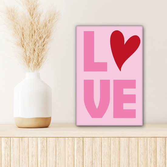 Canvas schilderij 20x30 cm - Wanddecoratie Love - Roze - Hart - Valentijn - Muurdecoratie woonkamer - Slaapkamer decoratie - Kamer accessoires - Schilderijen op canvas - Valentijn versiering - Cadeautje voor hem en haar - Valentijnsdag cadeautje