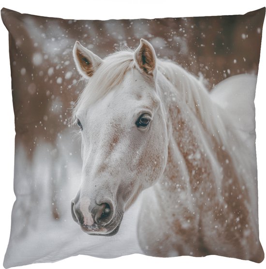 Sierkussens - Kussentjes Woonkamer - 60x60 cm - Paard - Wit - Winter - Natuur - Sneeuw - Dieren