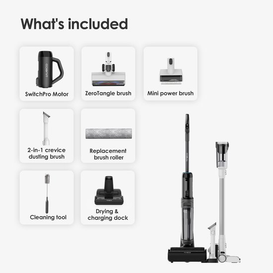 Overzicht van meegeleverde accessoires voor Tineco stofzuigers, inclusief motor, borstels en oplader.