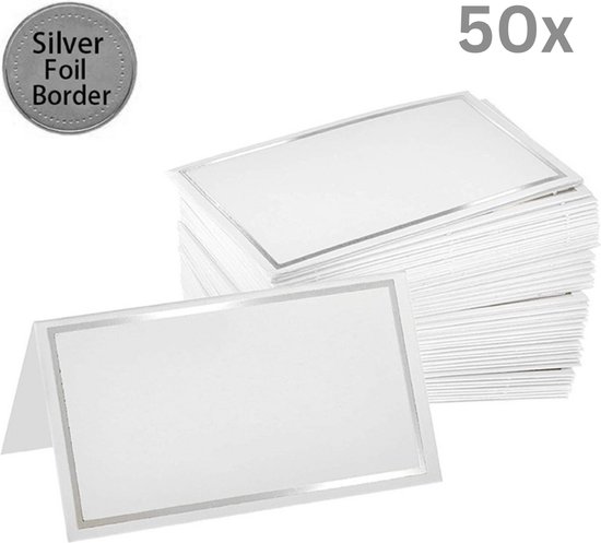 Stapel witte tafelkaartjes met zilveren folie-rand, 50 stuks.