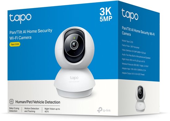 Doos van Tapo C230 beveiligingscamera met informatie over 3K 5MP, Pan/Tilt, AI-detectie en nachtzicht.
