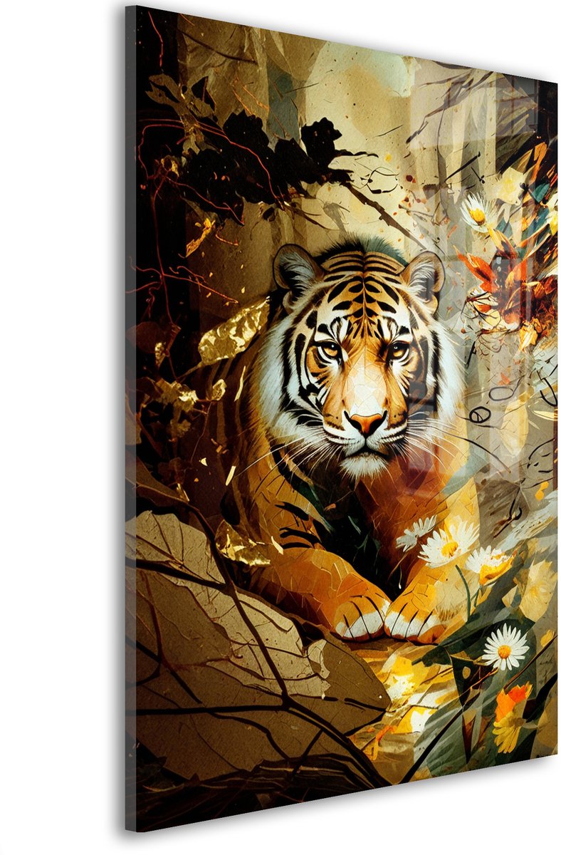 Glasschilderij Tijger tussen dromen - 90 x 60 cm - Tijger - Dierenhoofden - Acrylaat - Inclusief wandbevestiging - Foto op plexiglas - Wanddecoratie woonkamer – Modern – Modern