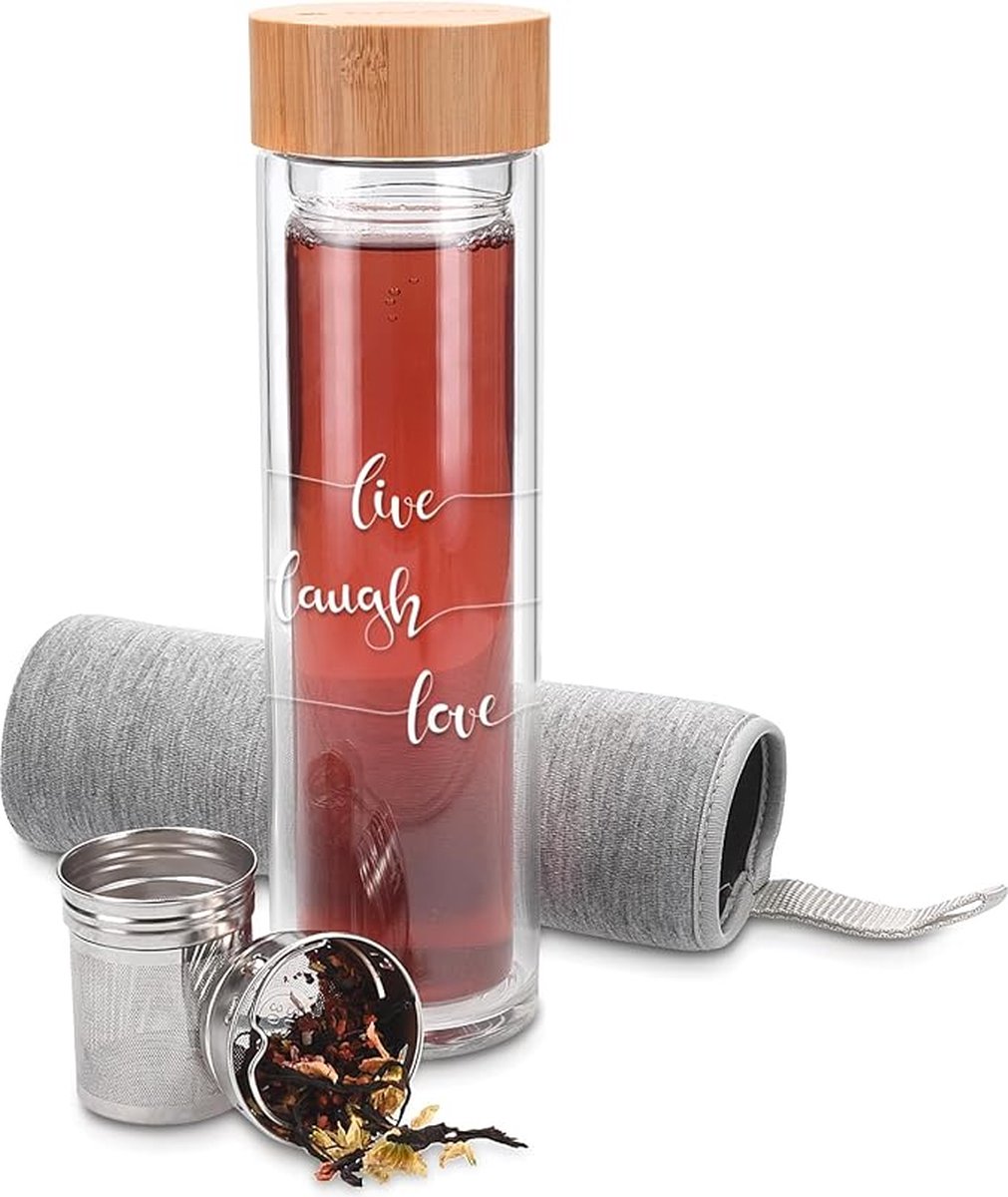 Theefles met filter glazen - 450 ml - Waterfles van glas - Dubbelwandige drinkfles - Fles met bamboe dop, thee-infuser en sleeve