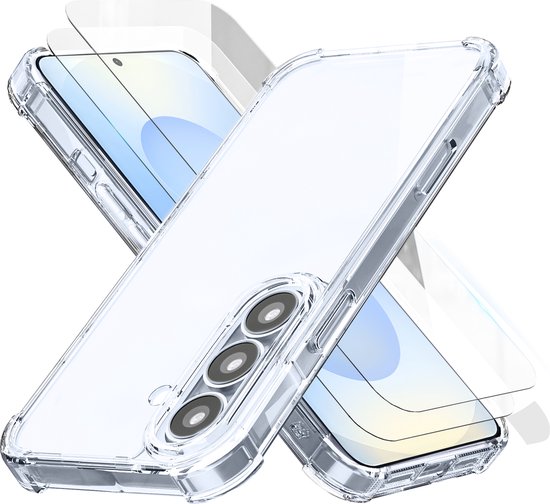 Deux coques de téléphone transparentes, placées en diagonale, montrant la découpe de la caméra.