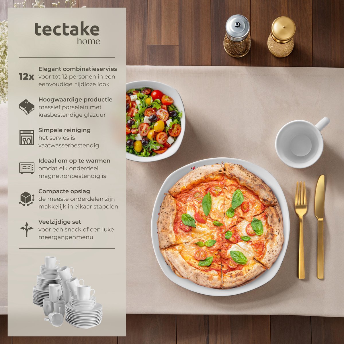 tectake® 100-delige Serviesset Salerno - Porseleinen Servies voor 12 Personen - Vaatwasser- en Magnetronbestendig - Bordenset - Wit — afbeelding 2