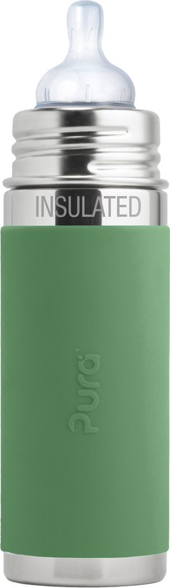 Pura Thermos Speenfles 260 ml - Thermoskan - Thermosfles - Plasticvrij - Met Isolatiewand - Voorkomt Maagkrampen - Inclusief Siliconen Speen, Reisdop en Sleeve - Moss