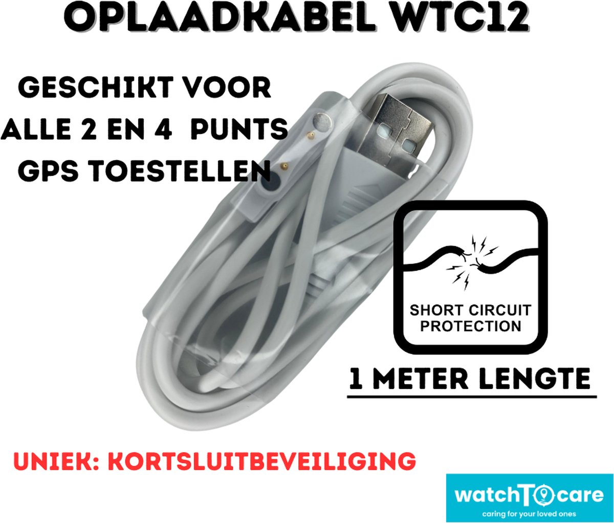 WatchToCare® Magnetische laadkabel - met Kortsluitbeveiliging - GPS Tracker Horloge - GPS Horloge - Lengte 1 meter