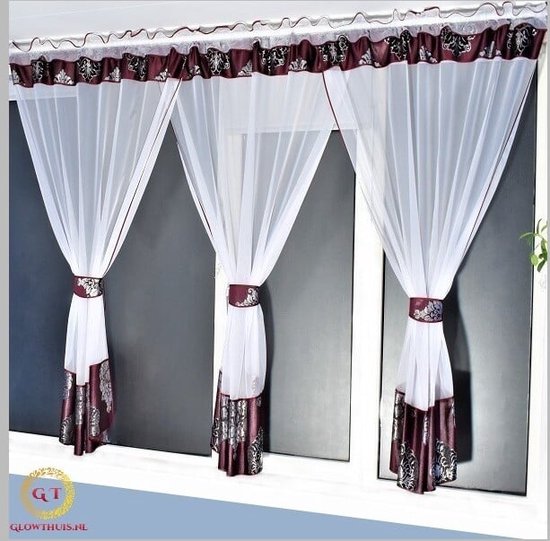 Glow Thuis Kant-en-Klaar Vitrage Gordijn 3-Delig - Bordo Rood Decoratiestroken - Inclusief Embrasses en Ringen