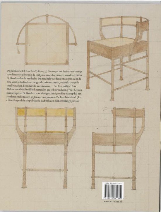 Vier schetsen van houten stoelen met gele kussens, uit een boek over K.P.C. de Bazel.