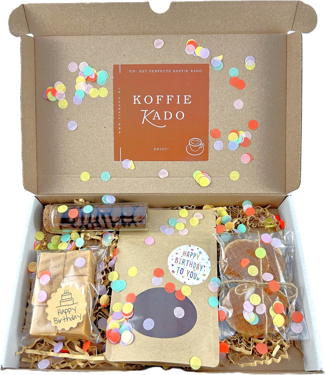 Birthday koffie brievenbus cadeau - verjaardag - koffie - mokkaboontjes - fudge - stroopwafels
