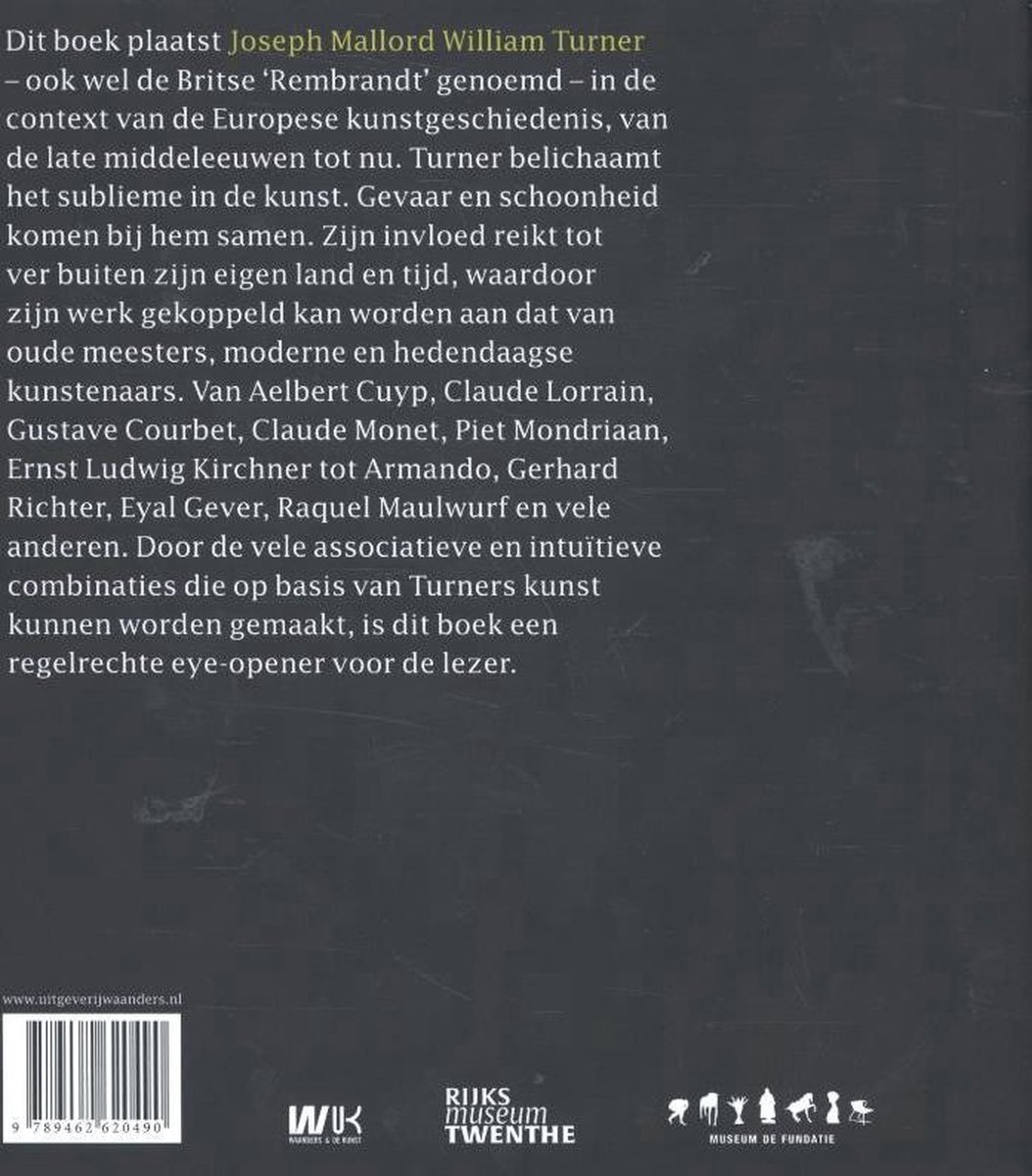 Achterkant van een boek met tekst over J.M.W. Turner en het sublieme, met een streepjescode en logo's.
