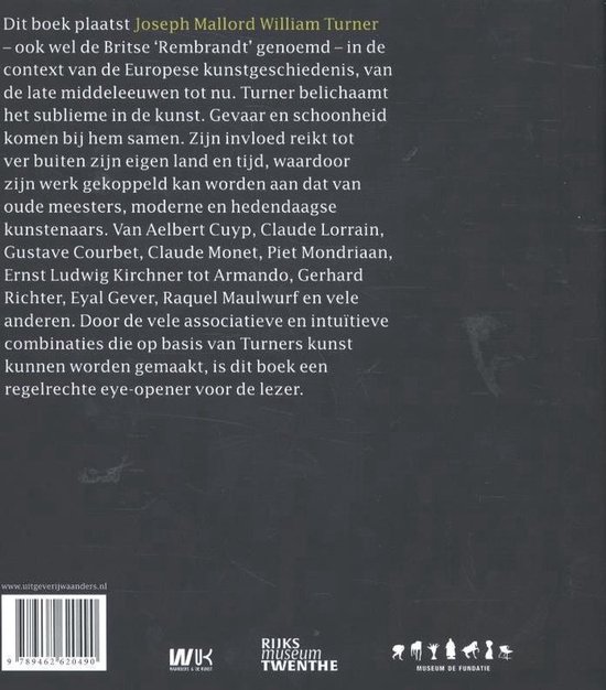 Achterkant van een boek met tekst over J.M.W. Turner en het sublieme, met een streepjescode en logo's.
