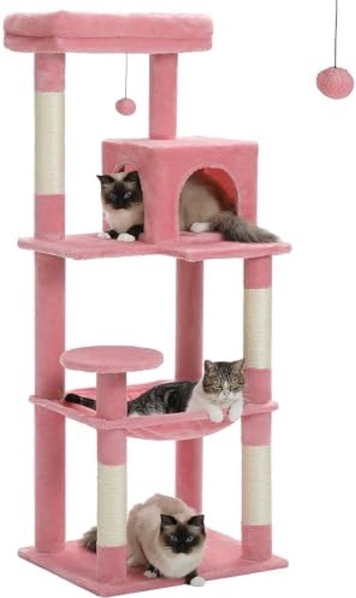 Kattenboom met Hangmat en Schattig Kattenhuis, Roze 143 cm