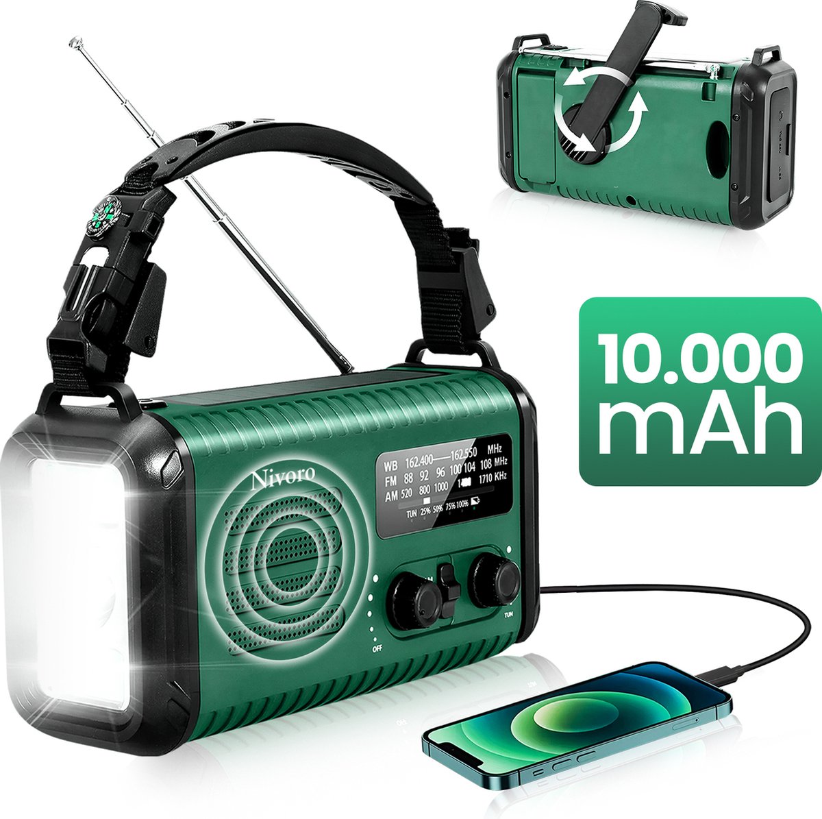 Nivoro® 10.000mAh Weerbestendige draagbare Noodradio met Zonnepaneel, Dynamo en Zaklamp | solar opwindbaar met powerbank zonneenergie