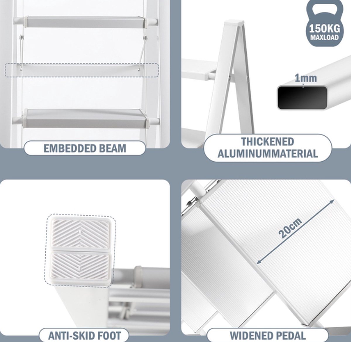 Opvouwbare ladder 4 Treden Keukentrap Inklapbaar - Anti-Slip - Trap Ladder Alu Wit – foto 2