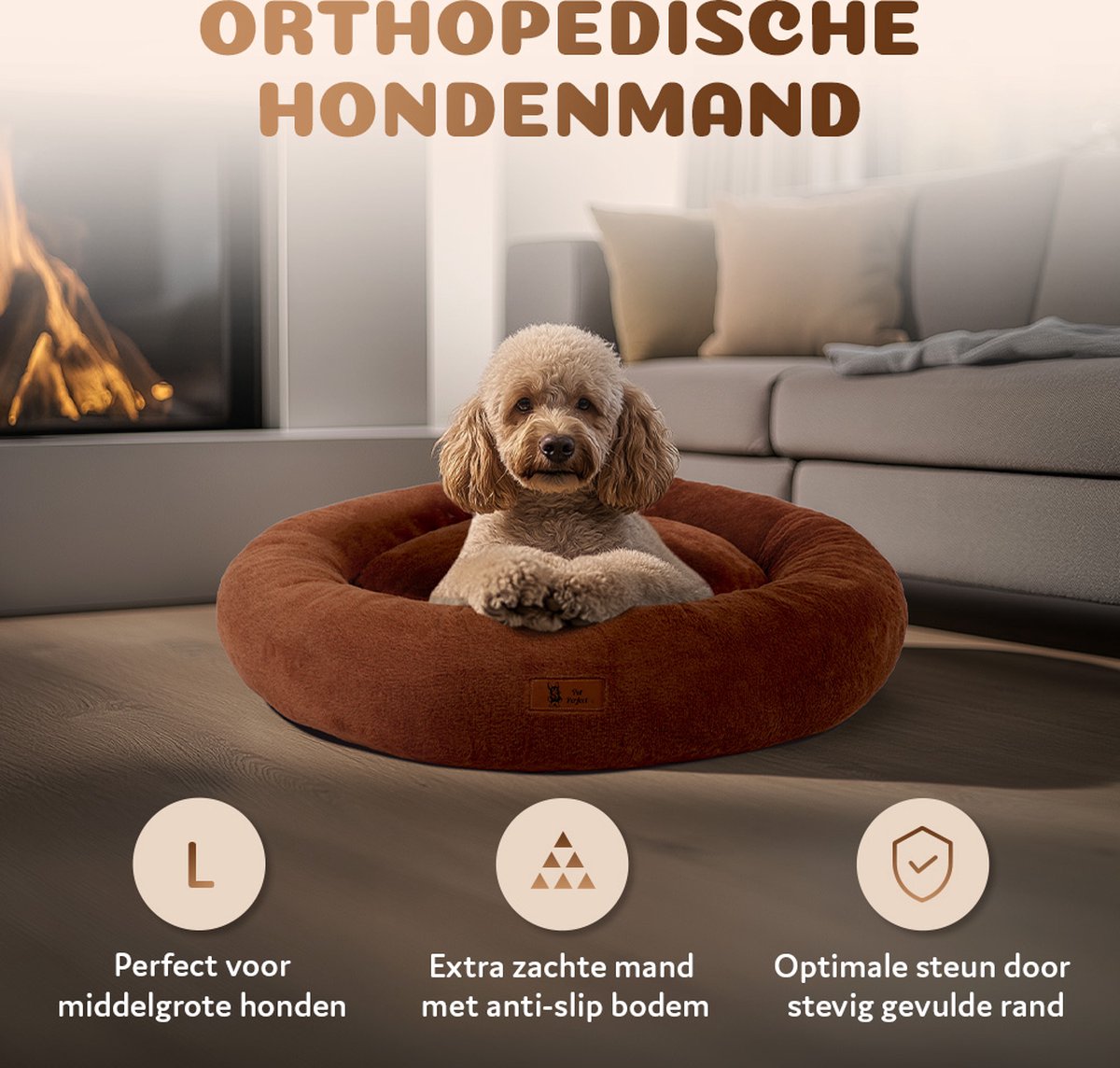 Pet Perfect Orthopedische Hondenmand – Donut Hondenmand – Hondenkussen – Hondenbed – Wasbaar - 80 cm - Bruin thumbnail 3