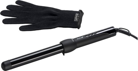 Zwarte Max Pro twist krultang met 25mm diameter en een zwarte hittebeschermende handschoen.