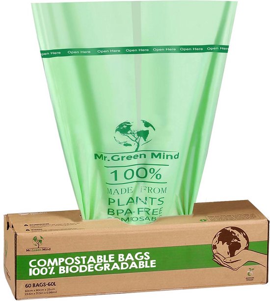Mr. Green Mind vuilniszakken Bio, 60 liter, groen, doos van 60 stuks