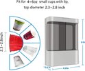 Afbeelding toont diverse bekers met diameters van 2,3-2,8 inch en een grijze bekerdispenser van 17*9*23,5 cm.