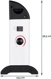 Wit staande convector kachel, 38,5 cm hoog, 19,5 cm breed, met zwarte voet en handgreep.