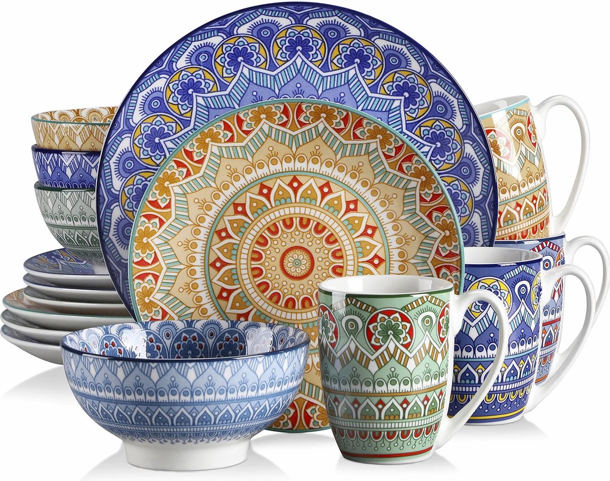 Serviesset - Bohemian Stijl - 4 Persoons Servies - Keramiek - Diner- en Dessertborden, Kommen en Kopjes - 16-delige Set
