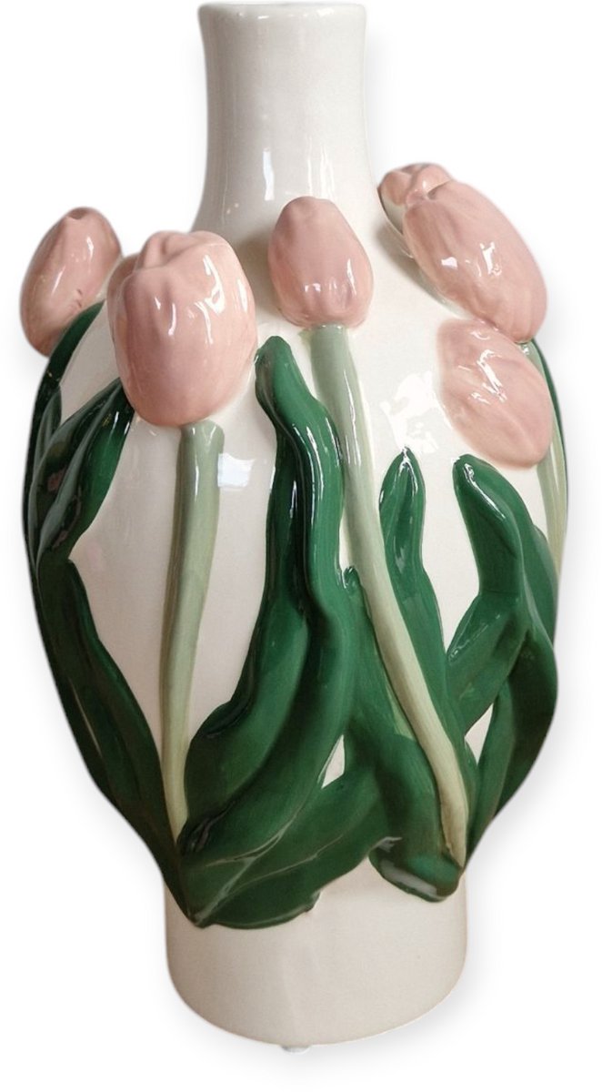 DK design Daan Kromhout - Vaas - Bloemenvaas - Tulpen - Dutch - 16x16x26 - Keramiek - Roze Wit
