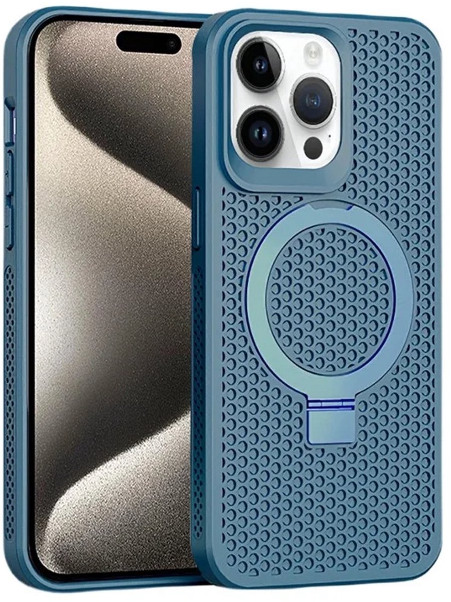 Cityhoesje - iPhone 15 Pro - Magnetic - Ring Holder Kickstand - Protective – Backcase - Blauw