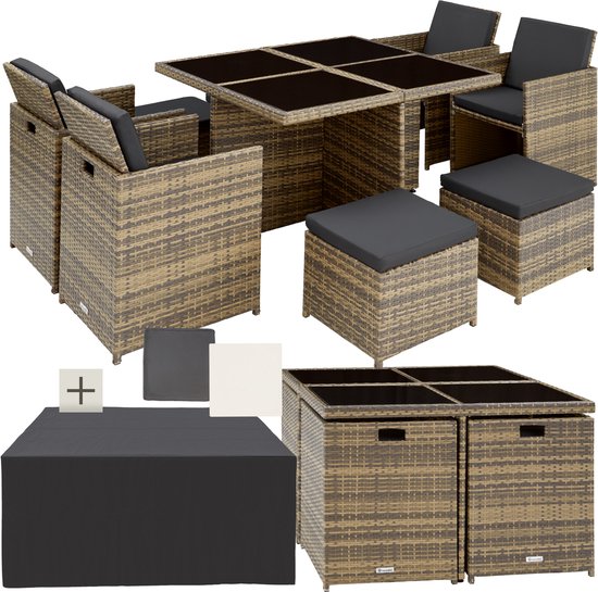 tectake® Loungemeubelset - Wicker tuinset - 4 stoelen, 4 krukken en 1 tafel - Tuinmeubelen voor balkon, tuin en terras - Inclusief beschermhoes en kussens - Met 2 kleuren hoezensets - Gemakkelijk te onderhouden - Glazen tafelblad - Natuur