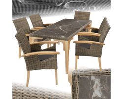 tectake® Wicker meubelset - 6 stoelen en 1 tafel - Moderne en weerbestendige stoelen (Draagkracht 150 kg) met eettafel in marmerlook ((LxBxH) 196 x 87 x 76 cm) - Eetkamer lounge - Tuinmeubelen voor balkon, terras en buitenkeuken - Lichtbruin