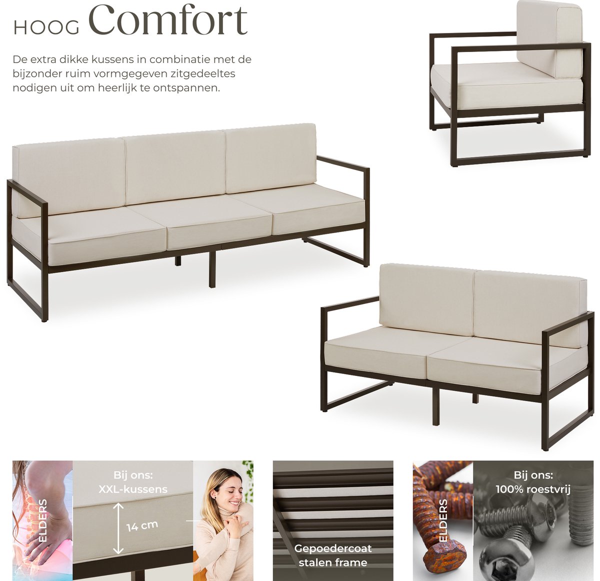 tectake® - Tuin-loungeset Comosa - Voor 6 personen - Tuinset - Grote bank, kleine bank en fauteuil - Waterafstotende en ultradikke zit-en rugkussens - Draagkracht 120kg per zitplaats - Bruin/beige – foto 6