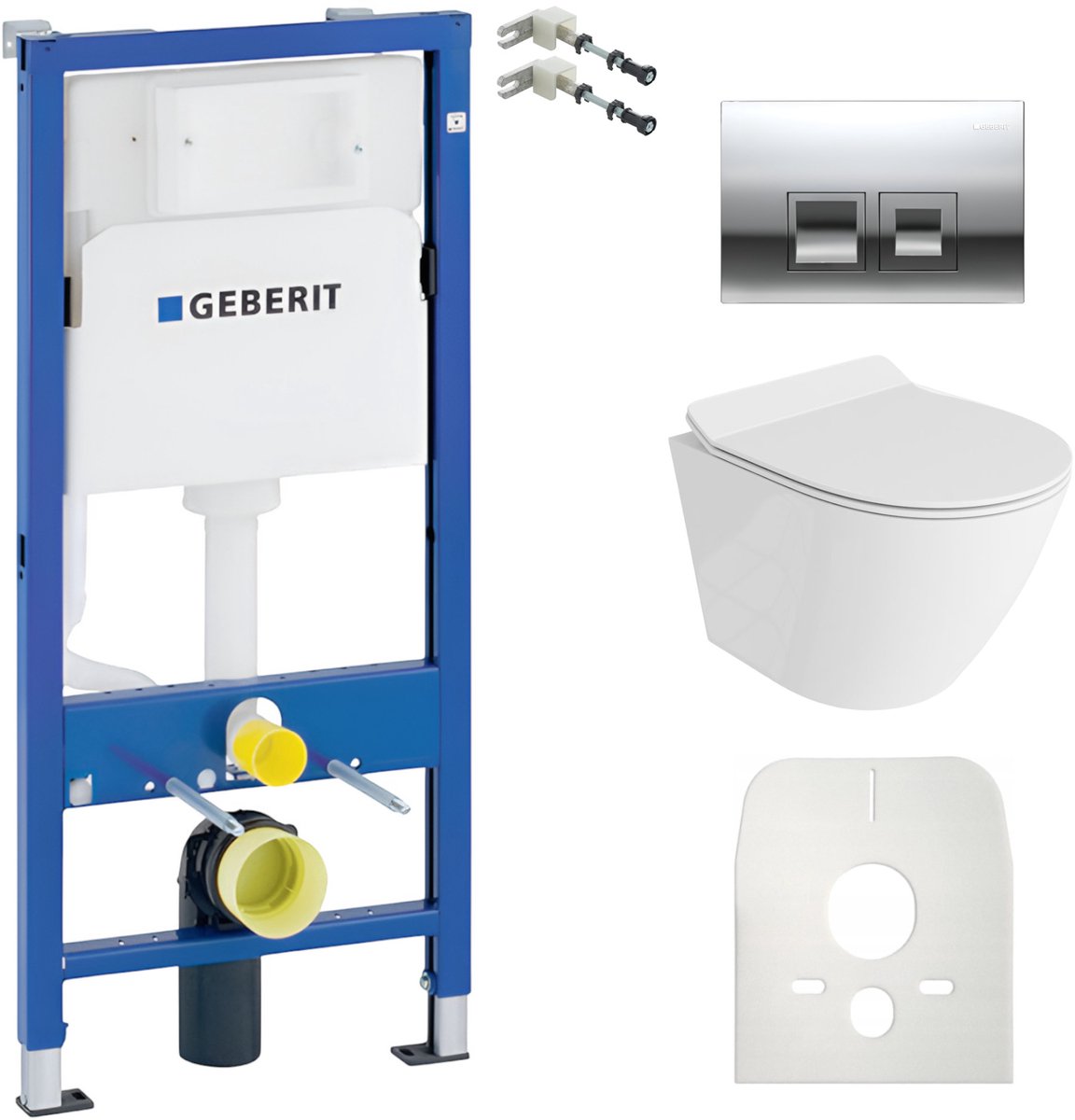 Inbouwreservoir Complete Toiletset Geberit Duofix Basic - Inbouw WC Hangtoilet Wandcloset SOGO SLIM Wit Hoogglans - Bedieningsplaat DELTA Chroom Vierkant - Voorwandelement - Installatiesysteem