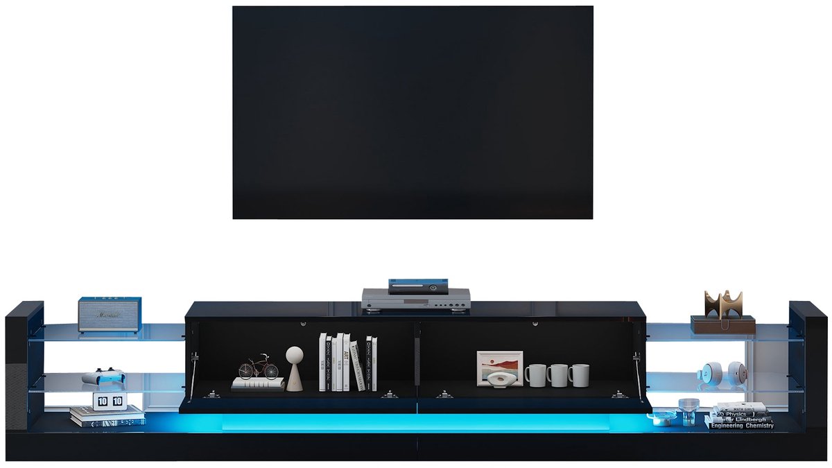 Merax TV-Meubel 181 cm - Geschikt voor TV’s tot 80 Inch - Hoogglans Zwart met Glasfront en LED-Verlichting - Met Twee Klapladen