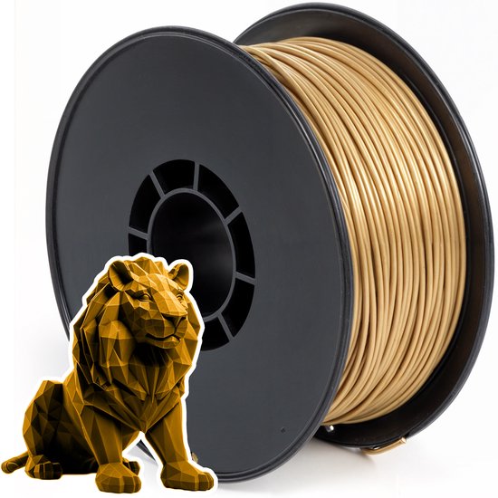 Bobine de filament PLA doré à côté d'un lion géométrique imprimé en 3D, de couleur dorée.