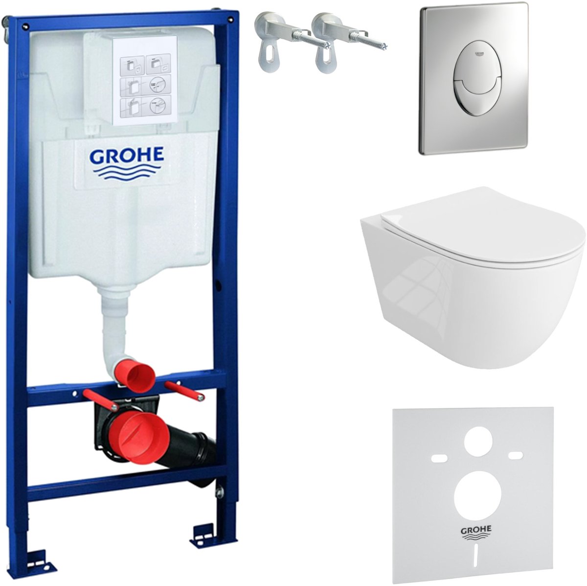 Inbouwreservoir Complete Toiletset Grohe Solido 39069000 - Inbouw WC Hangtoilet Wandcloset Sinto Grande Wit Hoogglans - Bedieningsplaat Skate Air Chroom - Voorwandelement - Installatiesysteem
