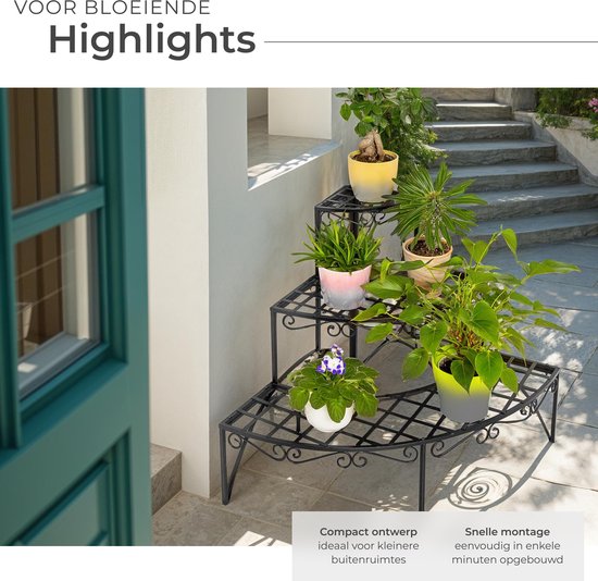 tectake® Plantentrap - Plantenmeubel - Planttrap met 3 treden hoekmodel - Metalen plantenrek - 60x60x60cm
