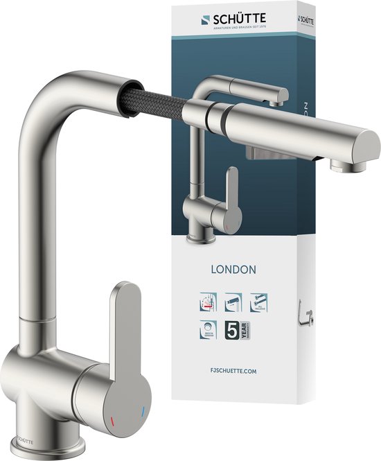 SCHÜTTE London Design Robinet de cuisine - Mélangeur - Bec pivotant - Mousseur extractible - Aspect inox