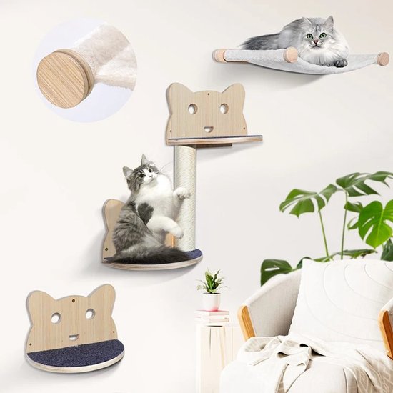 Kattenklimmuur met verschillende niveaus: hangmat, krabpaal en zitplateaus met kattensilhouetten.