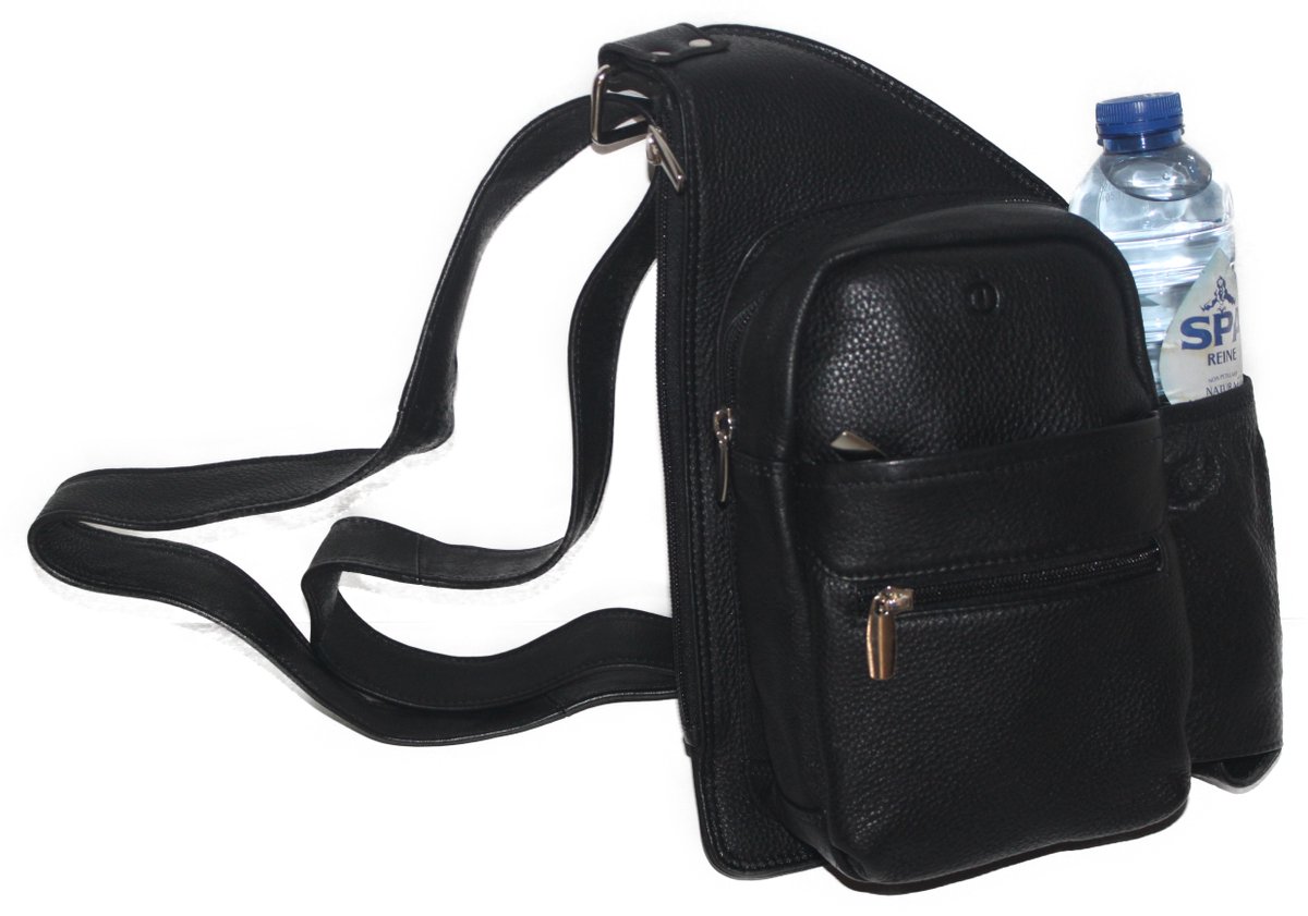 Oi zwarte leren Crossbody Tas met ruimte voor een drinkflesje / ruime damestas of herentas om schuin te dragen / veilige tas te dragen tegen op de borst / geschikt voor flesje water of kleine paraplu / zwart leer / 465