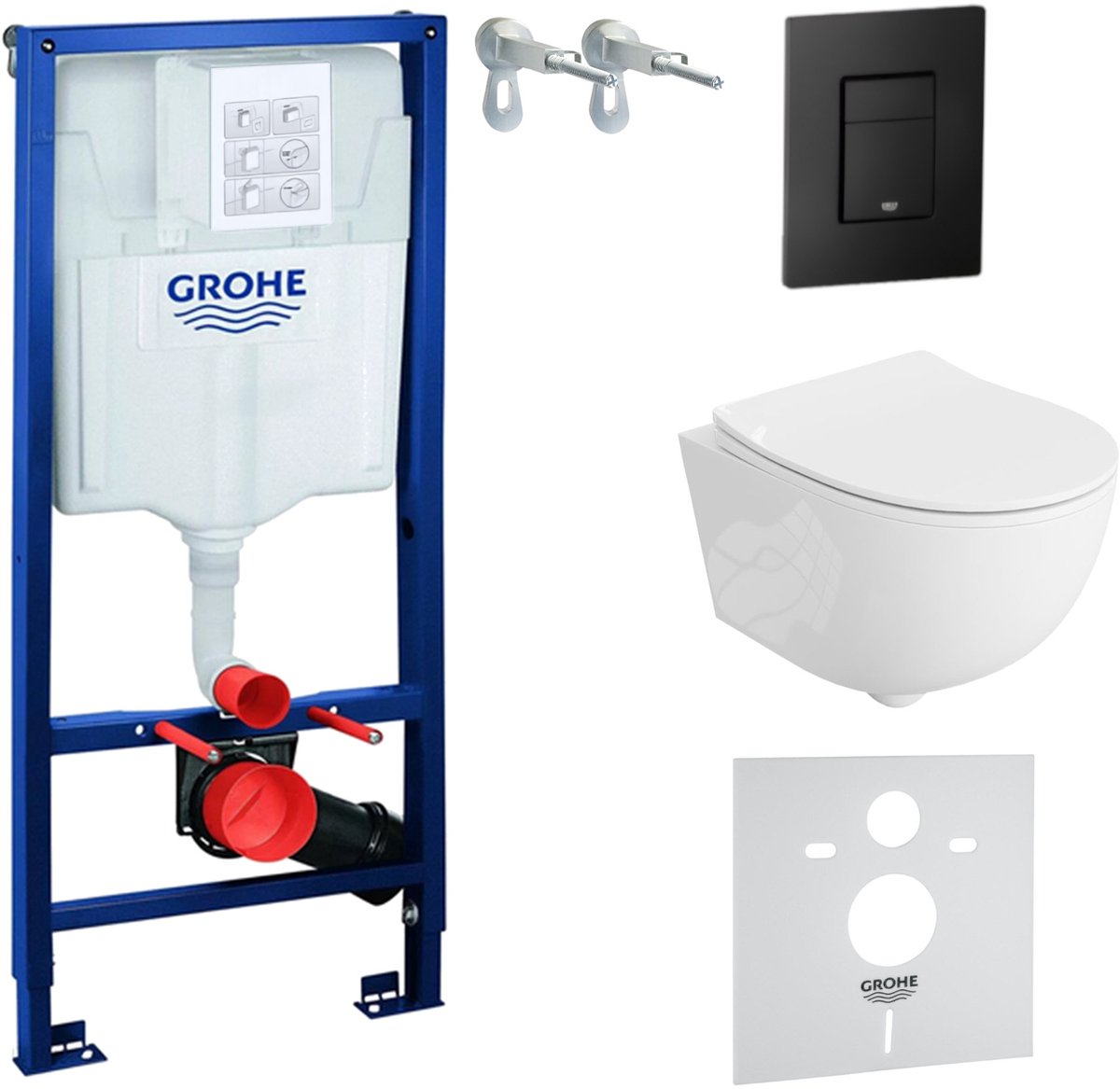 Inbouwreservoir Complete Toiletset Grohe Solido 39069000 - Inbouw WC Hangtoilet Wandcloset Brava Wit Hoogglans - Bedieningsplaat EVEN 3in1 Zwart - Voorwandelement - Installatiesysteem