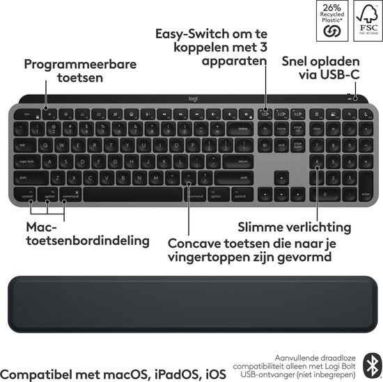 Clavier Logitech MX Keys S gris avec disposition Mac, touches programmables et repose-poignets.