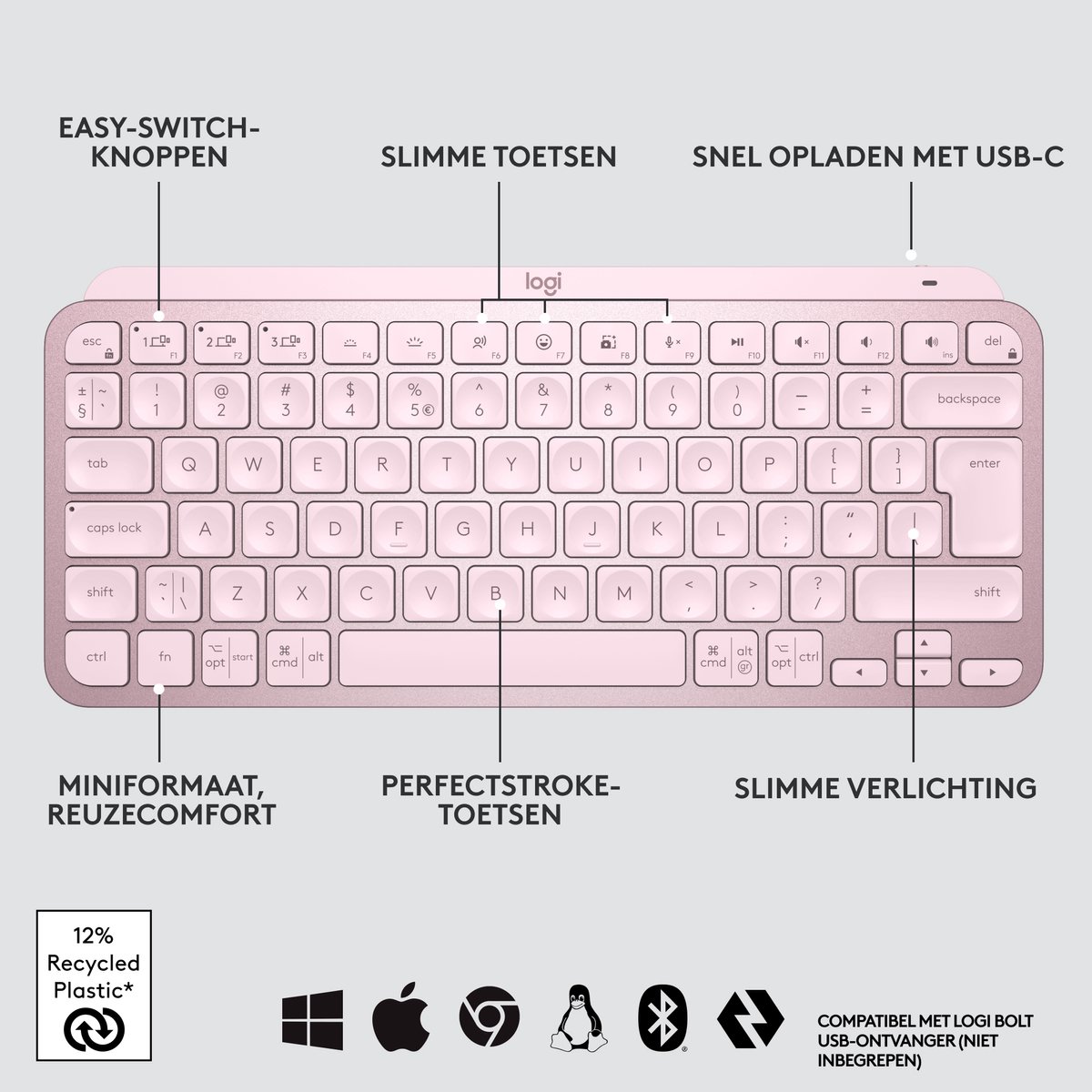 Logitech MX Keys Mini - Toetsenbord - Draadloos - QWERTY ISO - Roze thumbnail 5