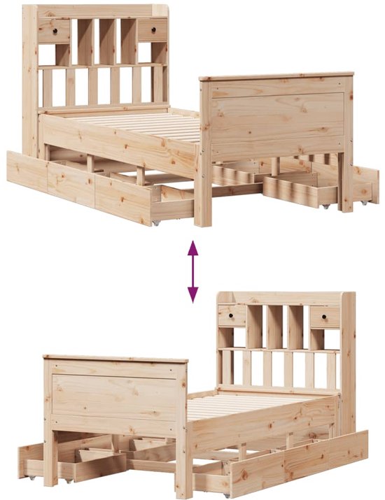 vidaXL - Lit - avec - bibliothèque - sans - matelas - massif - bois de pin - 90x200 - cm