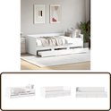Productfoto's van een witte slaapbank met lades, inclusief een interieurfoto en gedetailleerde weergaven.