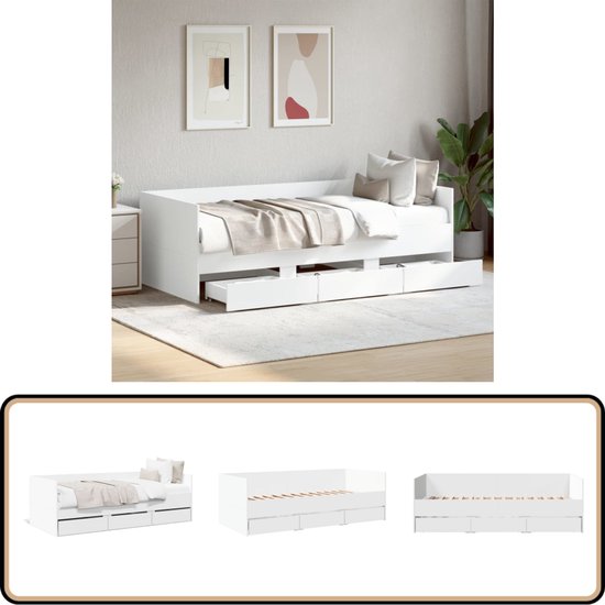 Productfoto's van een witte slaapbank met lades, inclusief een interieurfoto en gedetailleerde weergaven.