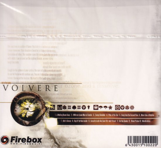 De achterkant van de Volvere CD met de titel 'Our Ozone and I Dissolve'. Een cirkelvormig horloge met tandwielen en lijsten met nummers.