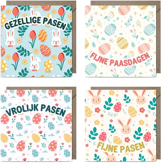8 Luxe Vierkante Vrolijk Pasen Wenskaarten - Paaskaarten - 13,5x13,5cm - gevouwen kaarten Inclusief gekleurde enveloppen