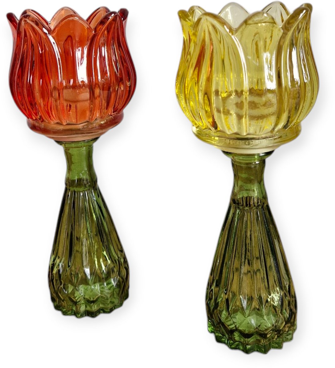 Daan Kromhout - Waxine houders - Kaarsenhouders - Set van 2 - Tulp - Glas - Oranje en Geel - 7x18cm